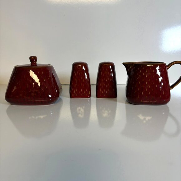Ruff Hewn Stoneware Stitch Brick Red Cream & Sugar, Salt & Pepper Shakers 5 pcs - Picture 1 of 10